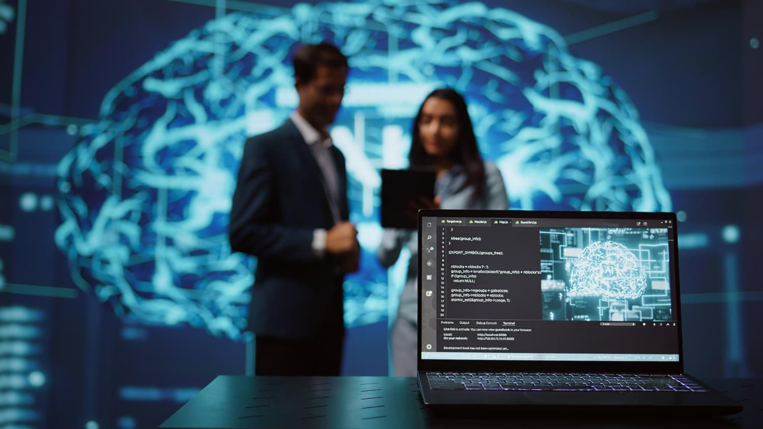 Hand interacting with a holographic display of connected enterprise system icons