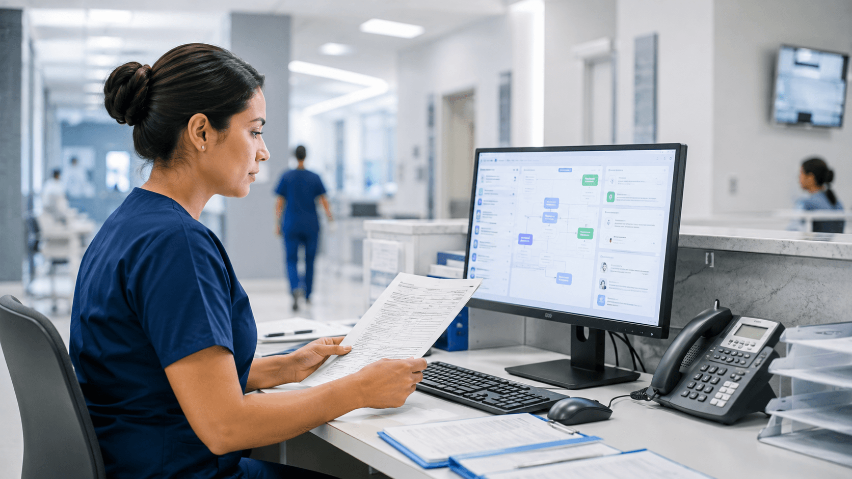 Futuristic dashboard showing a hospital insurance claim being validated and routed to a payer