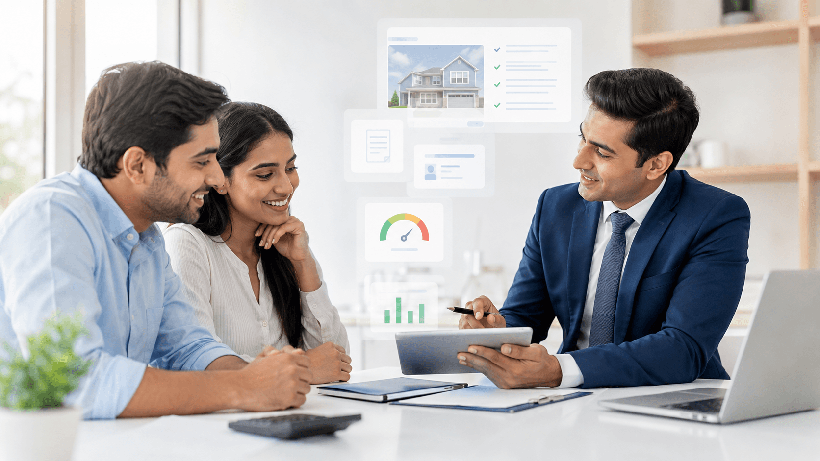 Futuristic dashboard showing property documents and income proofs being validated for a housing loan application