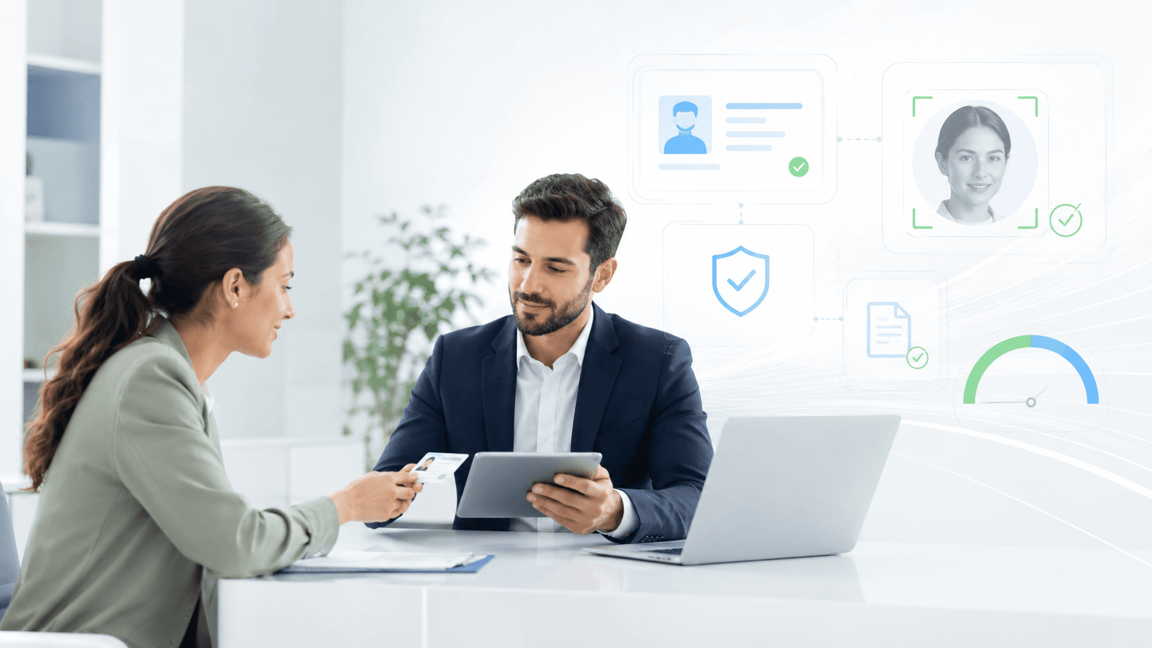 Futuristic holographic interface showing an identity document being verified with a dynamic risk-profile score