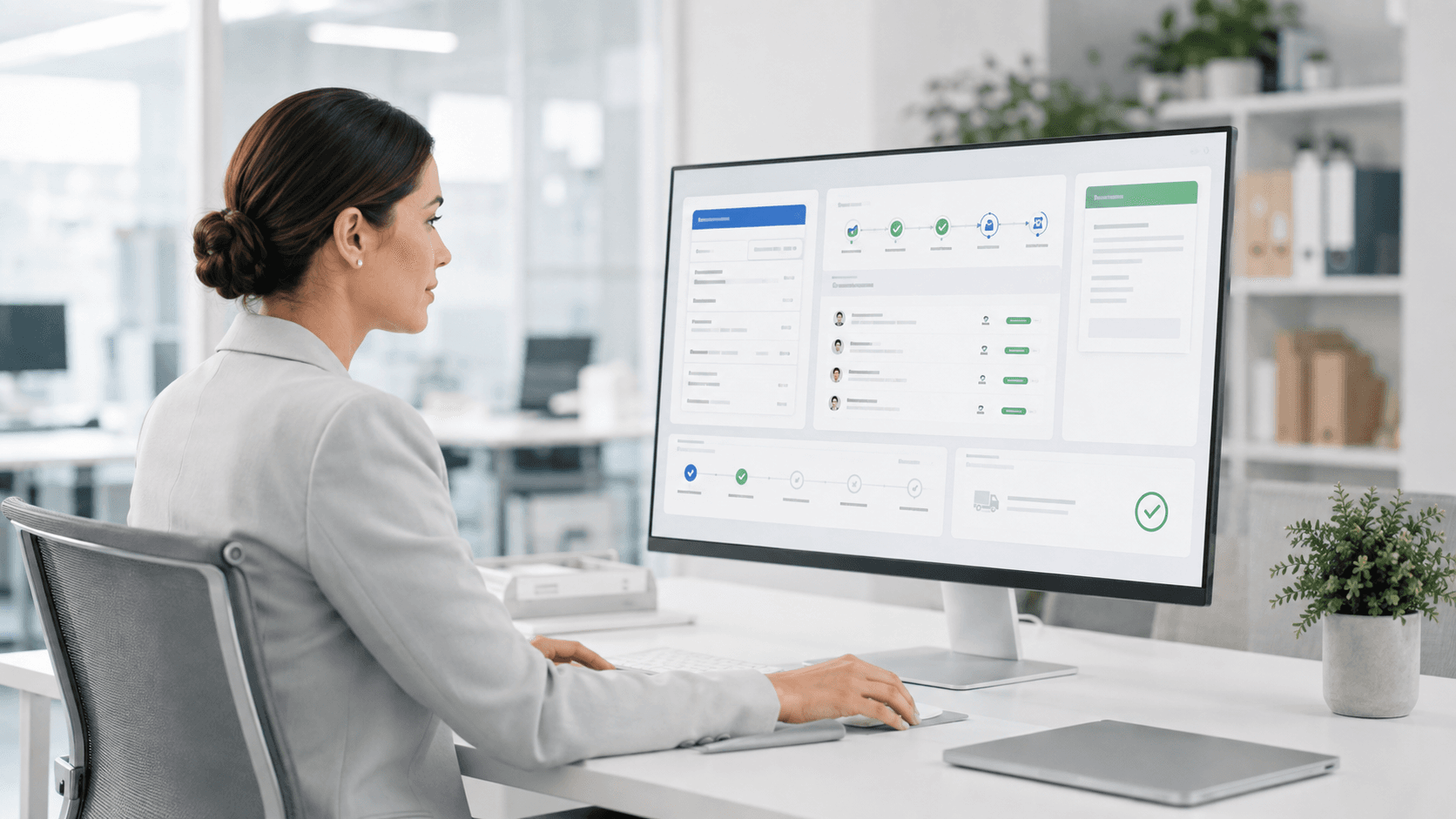 Futuristic dashboard showing a purchase order moving through automated approval and vendor confirmation stages